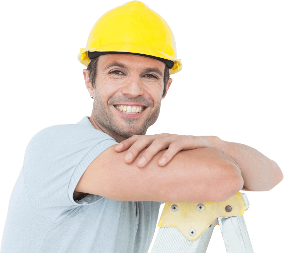Smiling Construction Worker in Helmet Leaning on Ladder Transparent Background