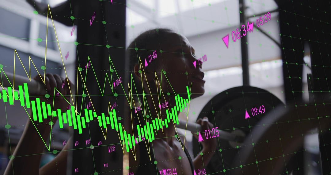 Female Athlete Squatting with Barbell and Stock Chart Overlay for Strength Data Trends