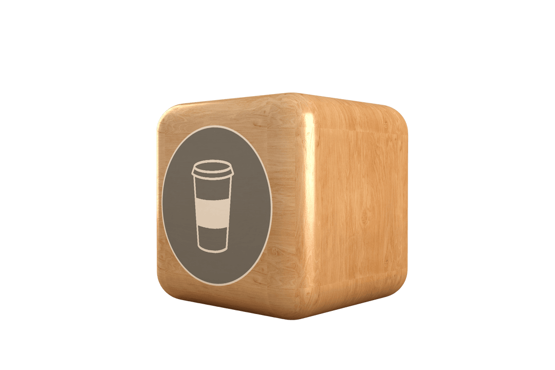 3D Wooden Cube with Transparent Coffee Cup Icon