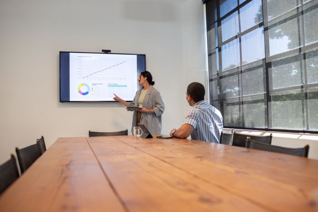 Asian Professional Presenting Data to Colleague in Conference Room