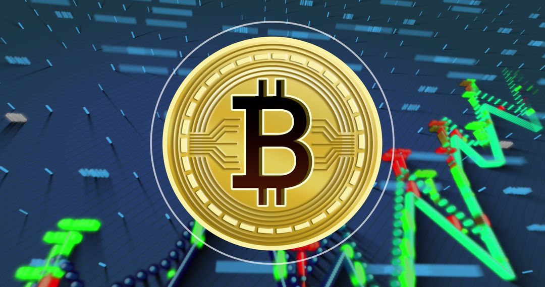 Digital Bitcoin Icon with Terminals and Data Visualization Background