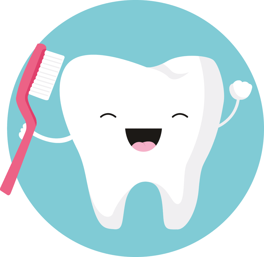 Happy Tooth with Brush in Blue Circle Against Transparent Background