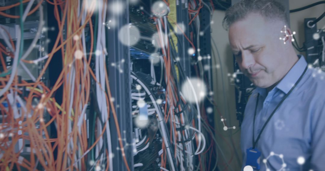 Stressed Technician Analyzing Server Room Equipment