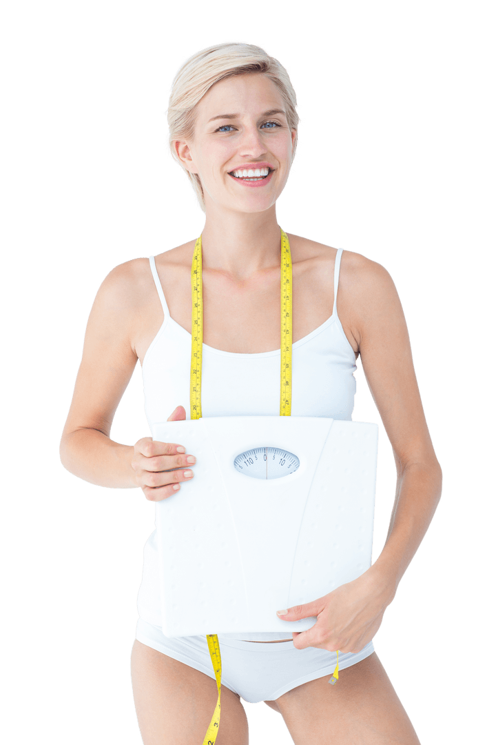 Happy Woman Holding Scale with Laughter on Transparent Background