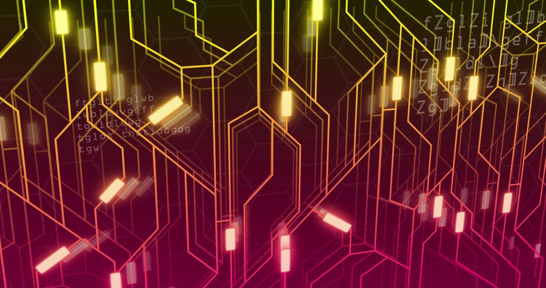 Glowing Neon Circuitry on Red Background Representing Data Flow