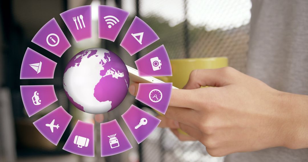 Traveler with Digital Technology Icons and Abstract Globe