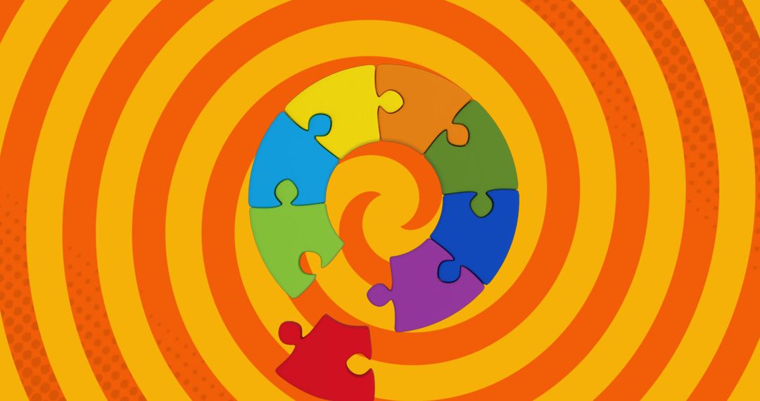 Colorful Puzzle Pieces on Spiral Background with Circles