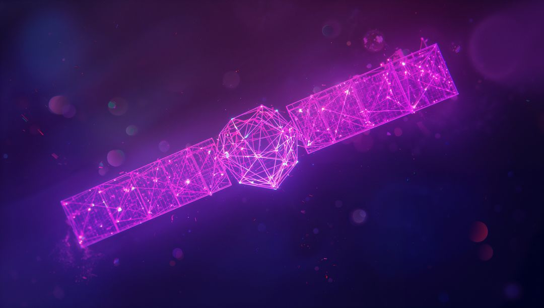 Futuristic Neon Wireframe Satellite in Space with Glowing Geometric Design