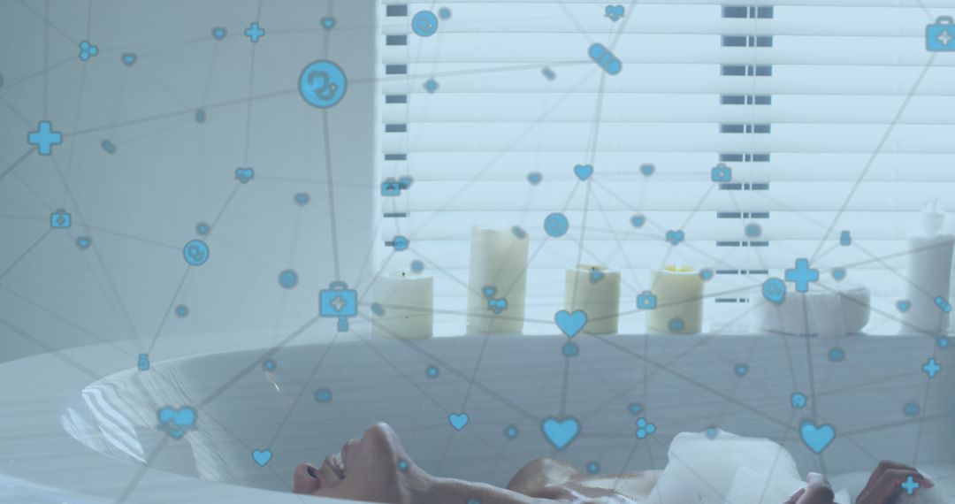 Woman Relaxing in Bath with Digital Icon Network Overlay