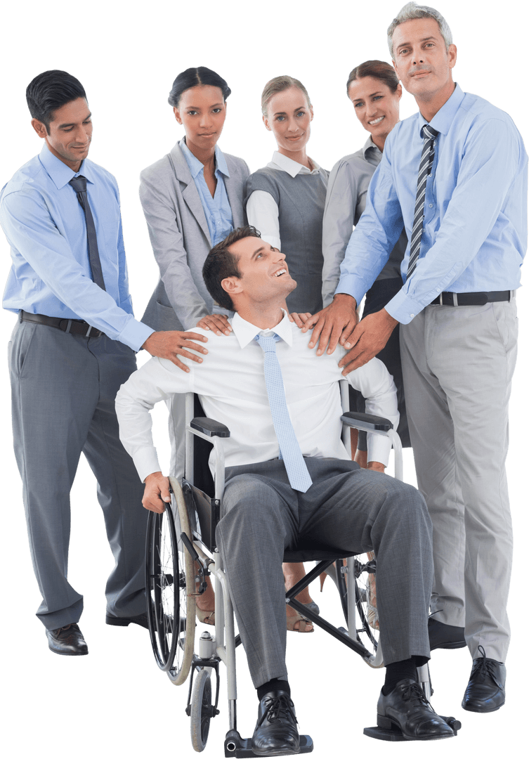 Transparent Team Support Encouraging Disabled Colleague in Wheelchair