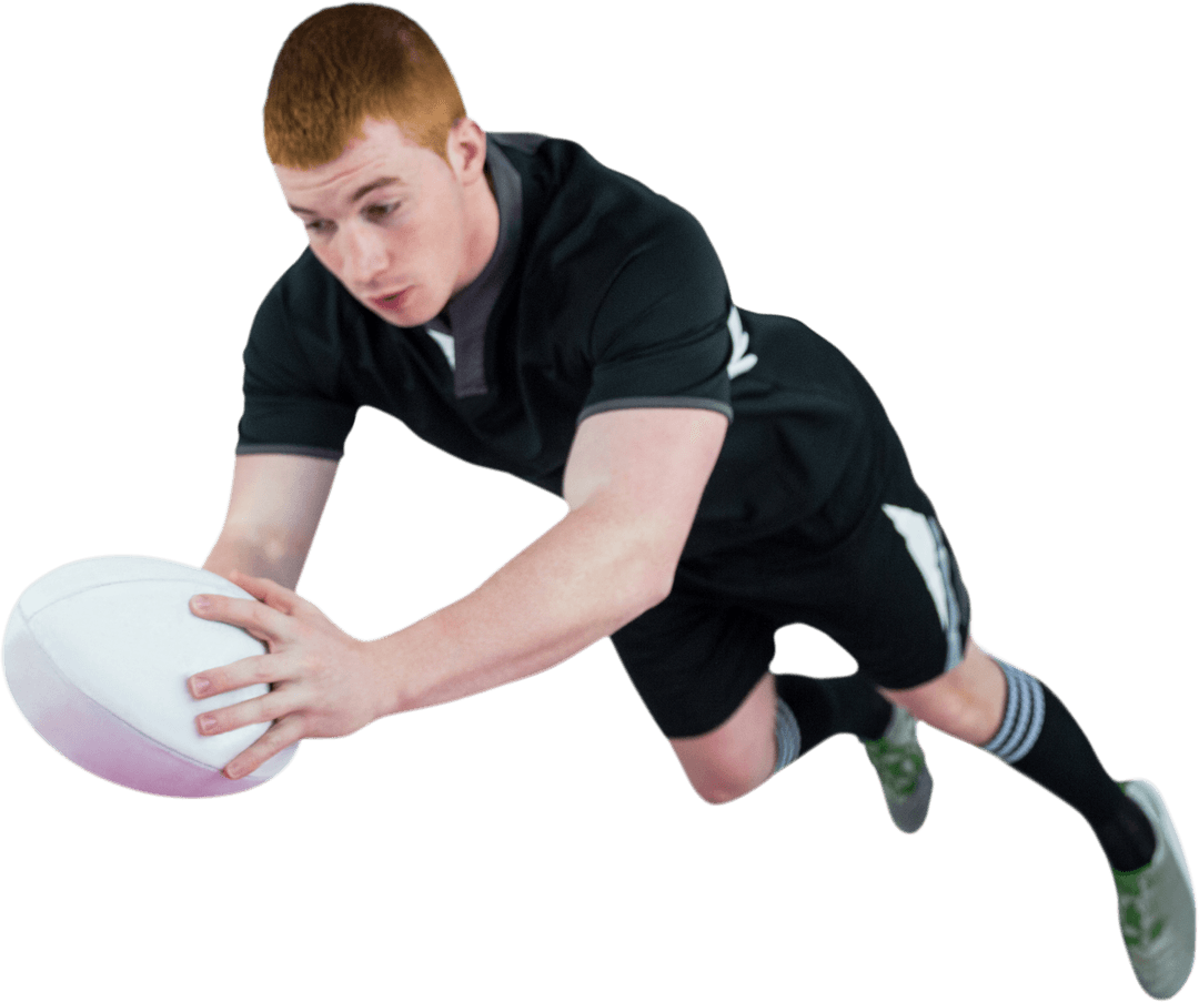 Rugby Player Scoring Try in Action Isolated on Transparent Background