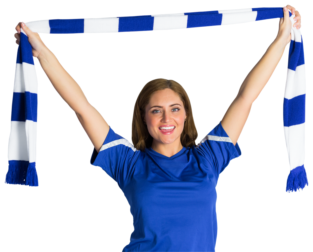 Happy Fan Celebrating With Blue-White Scarf And Jersey In Transparent Background - Download Free Stock Images Pikwizard.com