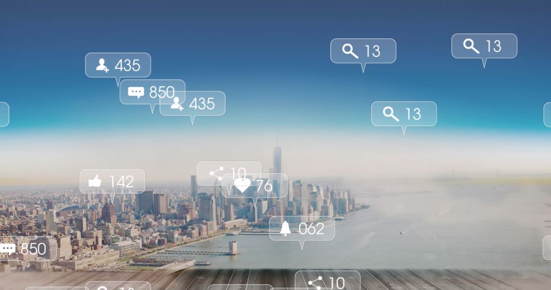 Social Media Engagement Icons Over City Skyline
