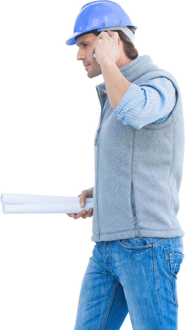 Caucasian Engineer on Phone with Blueprints Transparent Background