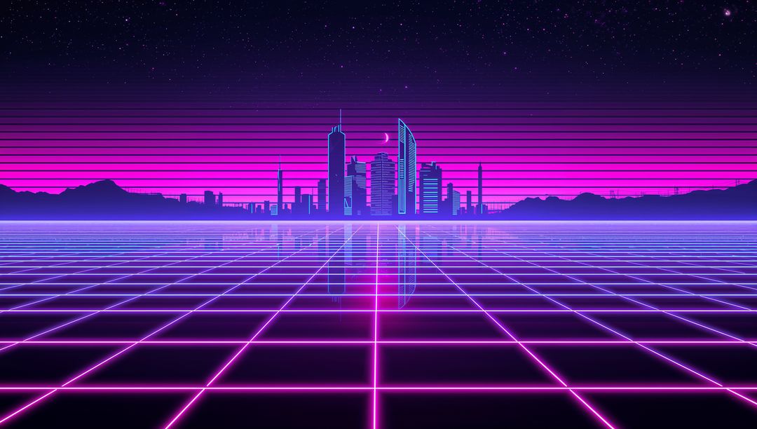 Glowing Neon Skyline Reflecting on Endless Grid Plane at Night in Retro-Futuristic Style