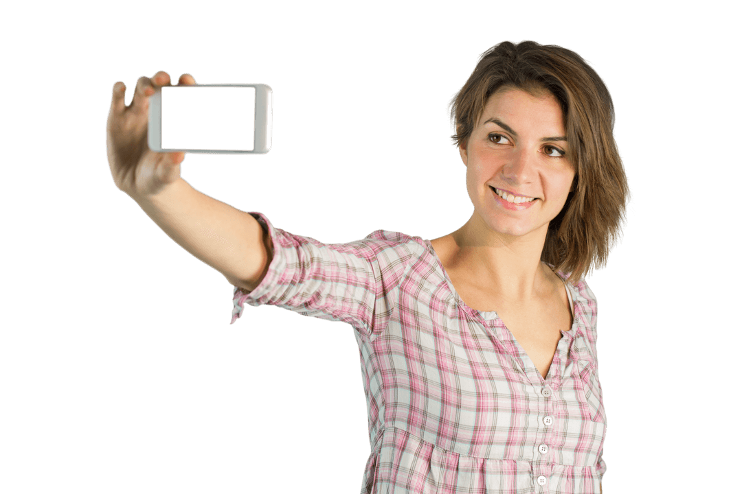 Casual Brunette Smiling While Taking Transparent Phone Selfie