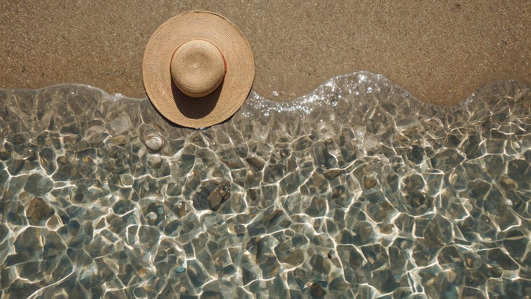 Straw Sun Hat on Pristine Beach with Sparkling Ripples