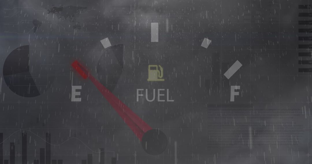 Low Fuel Warning on Stormy Background with Stock Market Data