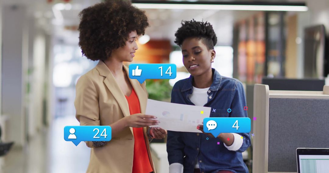 Colleagues Engaging in Casual Conversation with Social Media Overlay