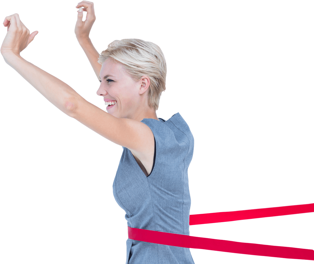 Victorious Female Runner Crossing Finish Line in Transparent Background