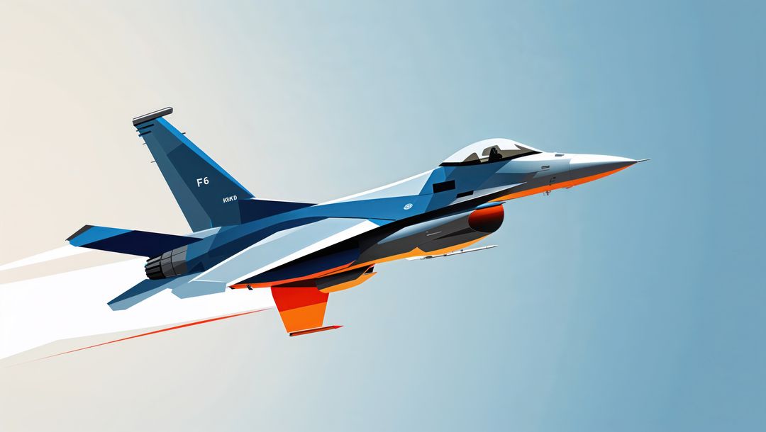Sleek f16 fighter jet ascending through clear blue sky
