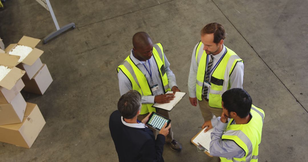 Warehouse Managers Discussing Inventory Operations in High Visibility Vests - Free Images, Stock Photos and Pictures on Pikwizard.com