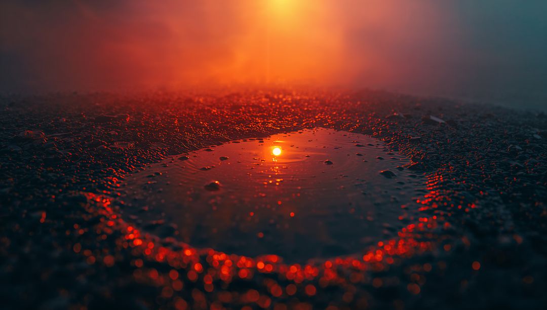 Reflective Sunset Puddle on Wet Surface with Moisture