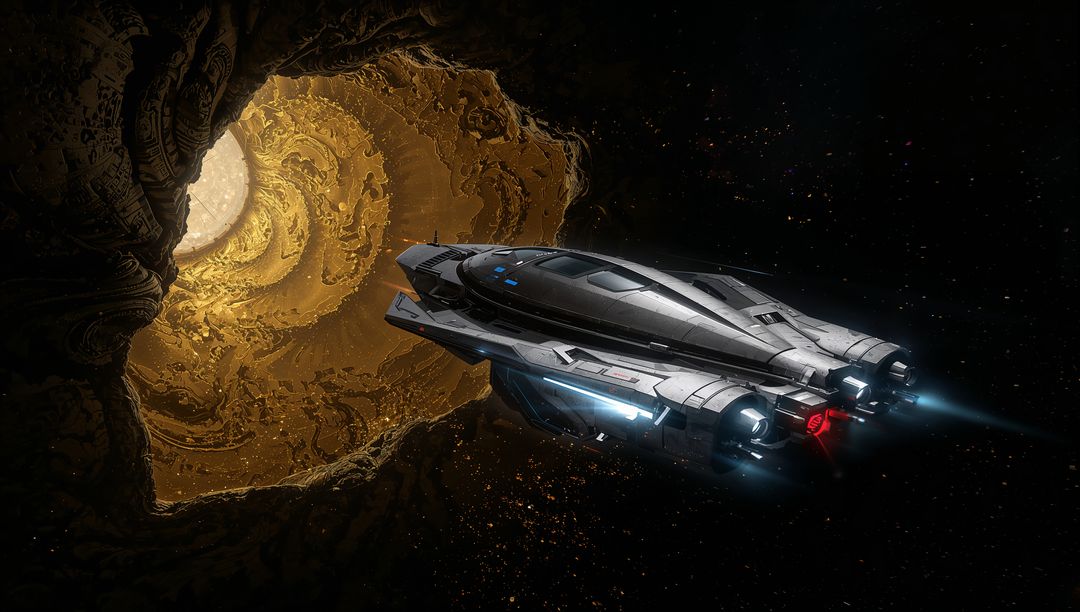 Spaceship Entering Mystical Golden Wormhole Deep in Space