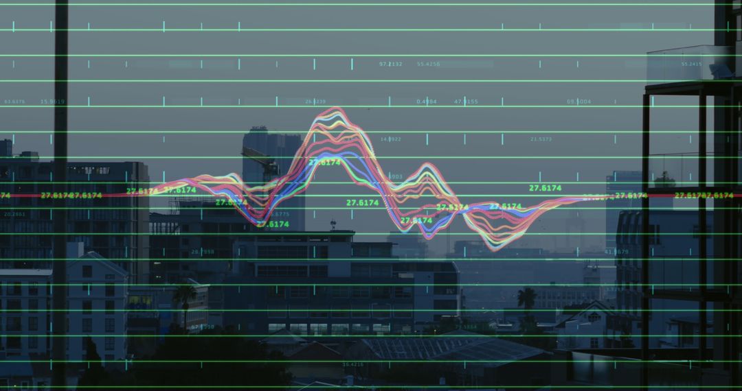 Financial Data Processing Superimposed on Cityscape at Dusk