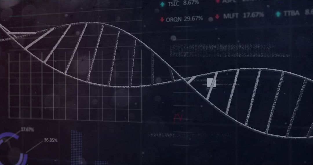 Curving DNA double helix overlaying dark data dashboard with charts and analytics