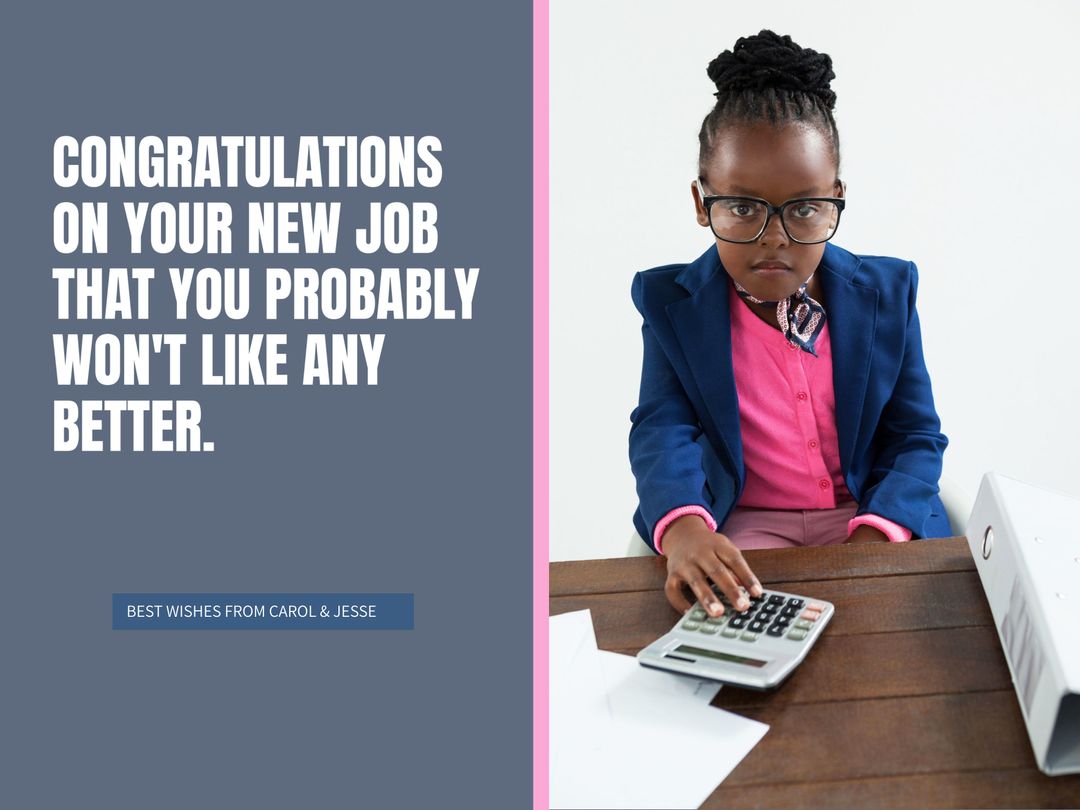 Young Girl in Professional Attire with Calculator Expressing Humor