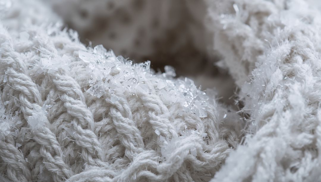 Cream knitwear macro showing rib and cable stitches with delicate ice crystals on fibers