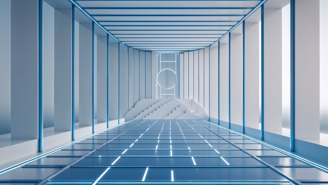 Futuristic Corridor with Neon Grid Floor and Glowing Lights