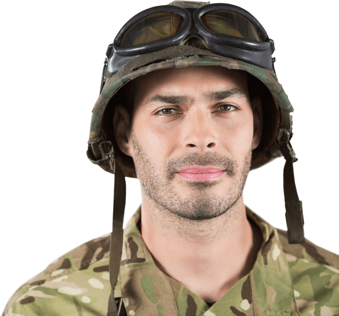 Transparent Background Portrait of Serious Soldier in Camo and Helmet