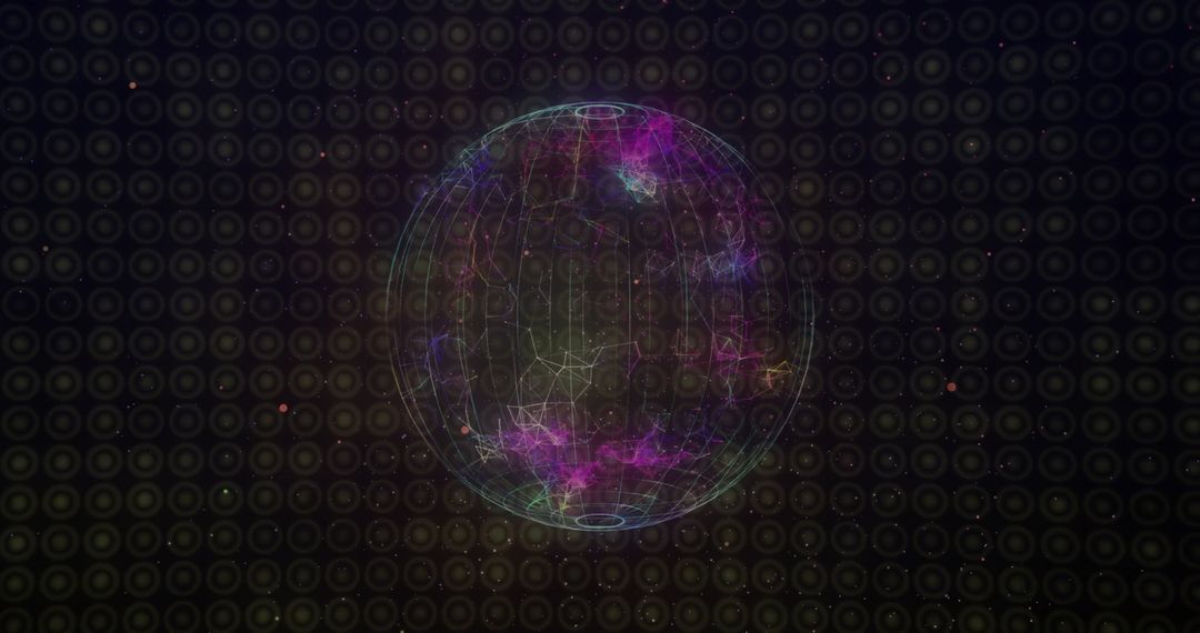 Futuristic Neon Sphere with Orbiting Network in Digital Scene