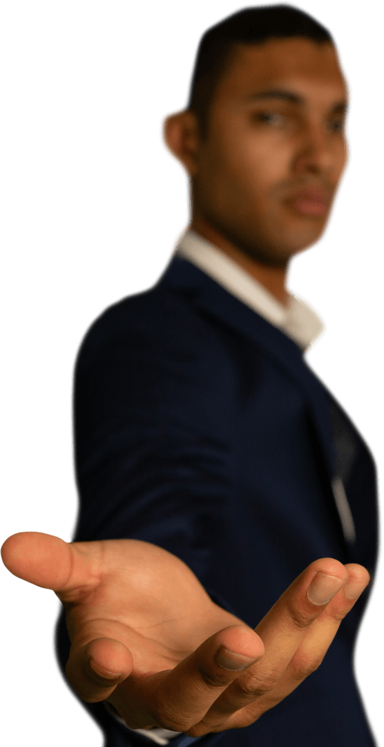 Confident Man Reaching Out Gesture on Transparent Background