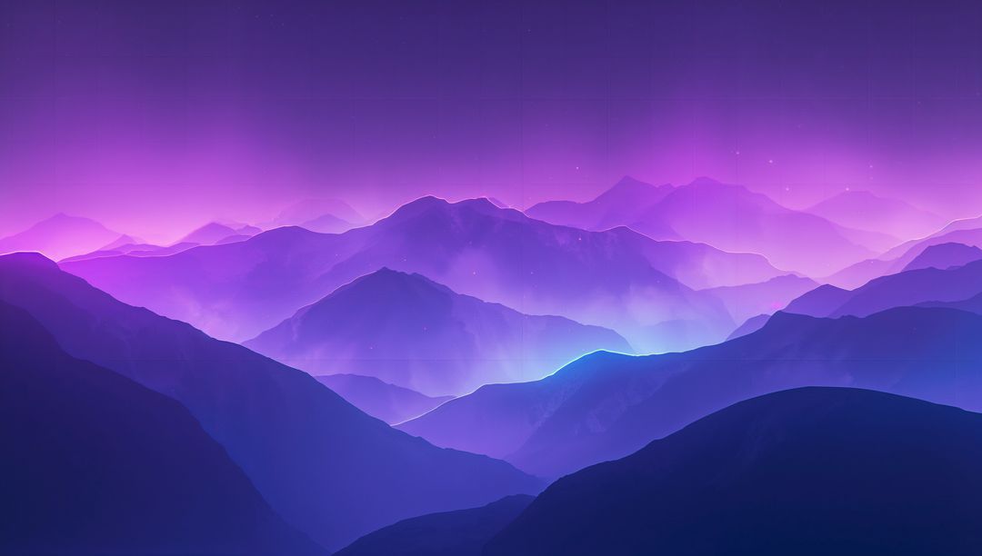 Glowing Violet Mountain Layers at Twilight Showing Misty Peaks and Soft Gradient Horizon