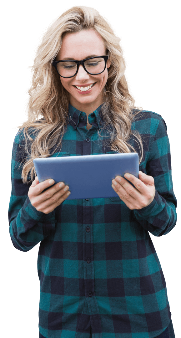 Smiling Caucasian Woman Holding Tablet Transparent Background