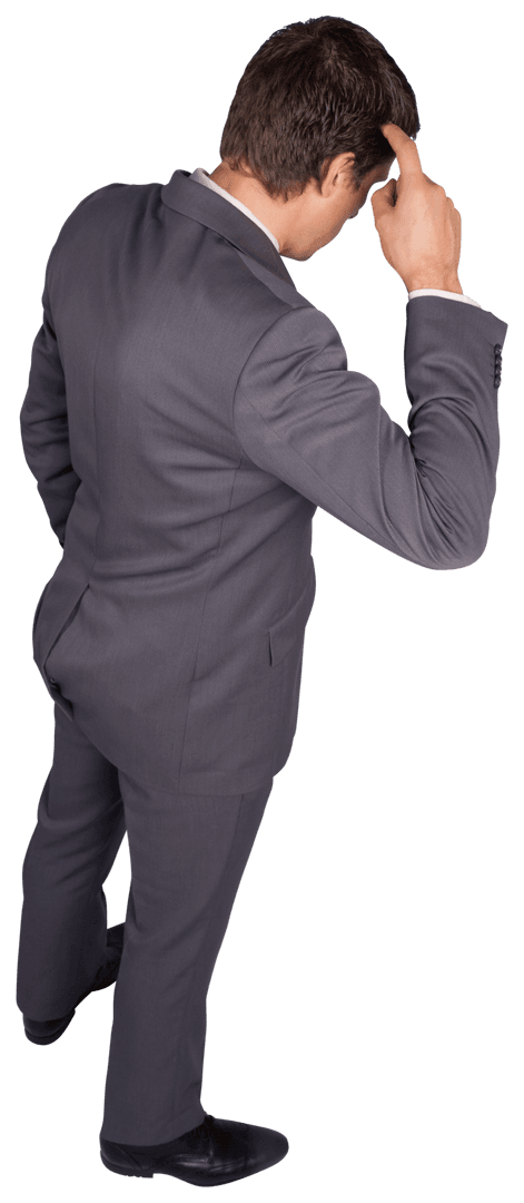 Thoughtful Caucasian Businessman Wearing Grey Suit on Transparent Background