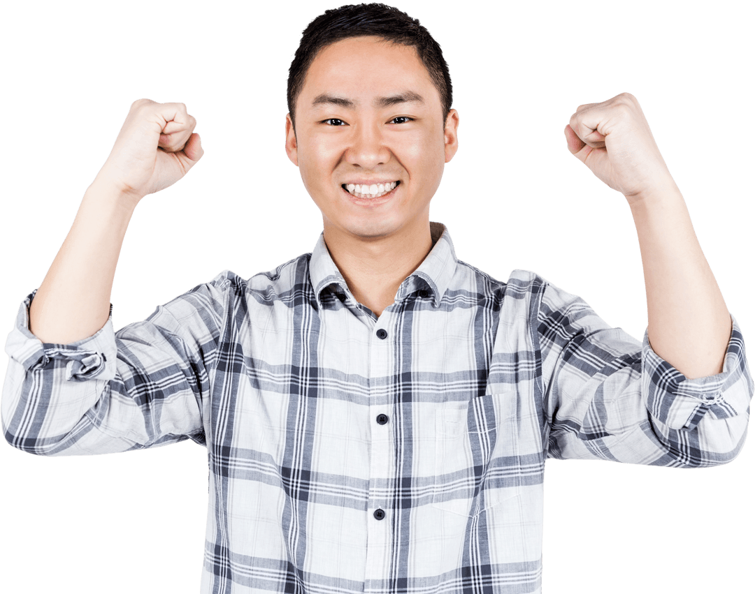 Happy Young Man Displaying Winning Gesture on Transparent Background