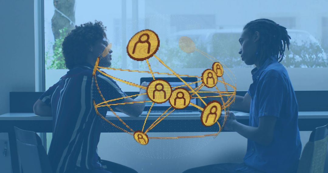 Two Men Collaborating and Discussing Project Over Laptop with Digital Network Overlay