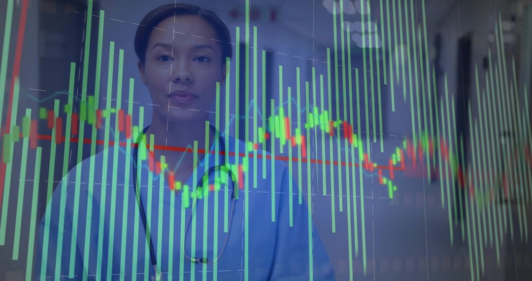Nurse in Hospital Corridor with Data Visualization Overlay