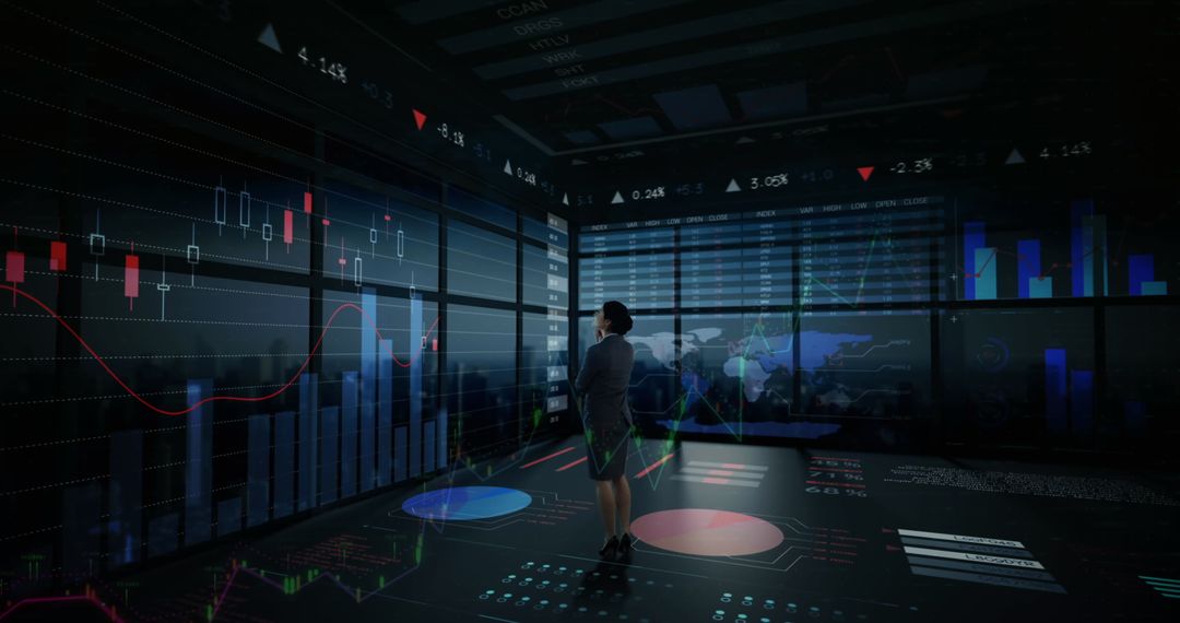 Businesswoman Analyzing Global Data in High-Tech Room