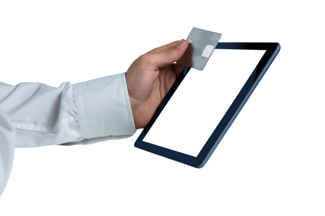 Hand Holding Credit Card and Transparent Tablet with Copy Space