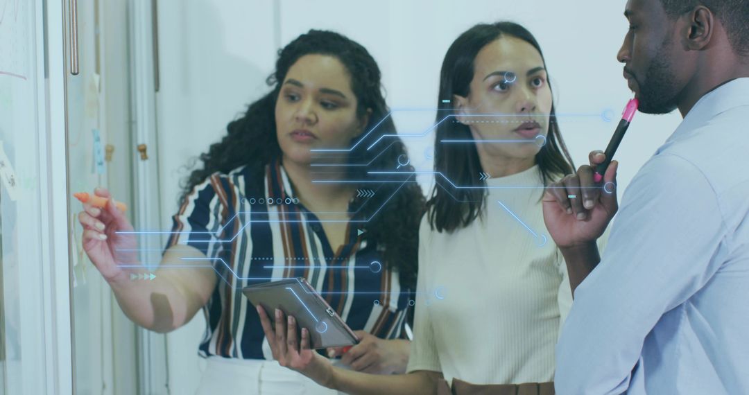 Diverse Team Collaborating on Digital Whiteboard with Innovative Technology