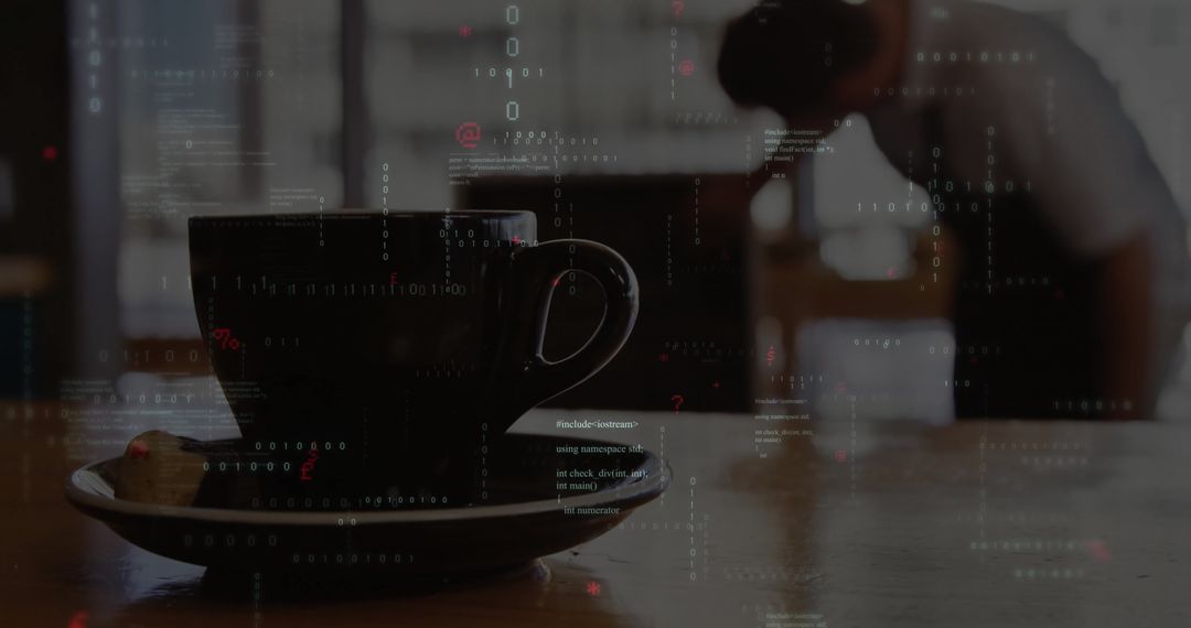 Stylish Cafe Setting with Coffee and Digital Overlay