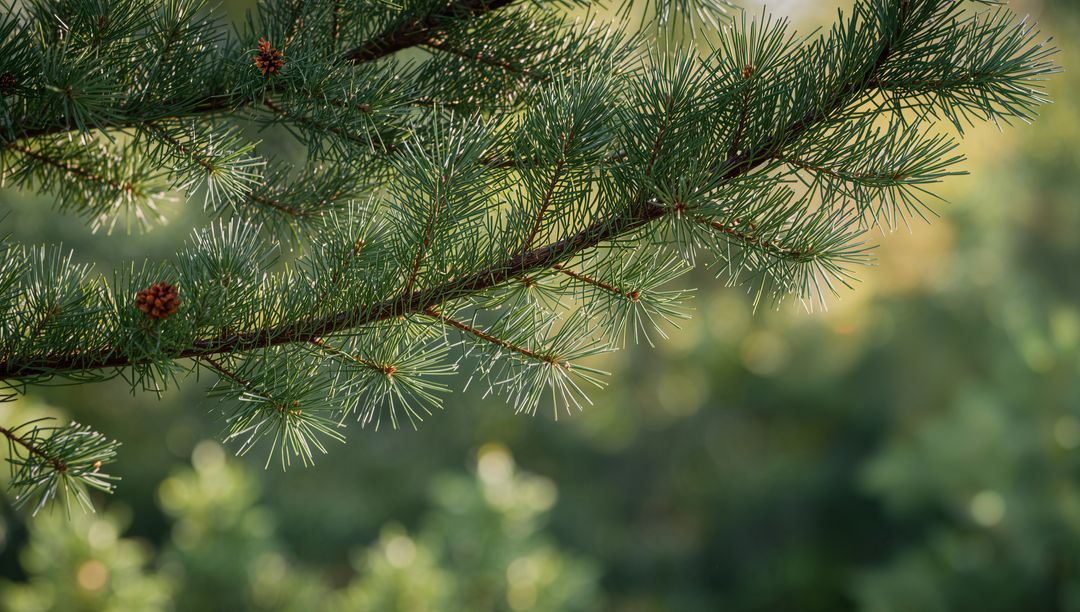 Sunlit conifer branch showcasing long slender needles and tiny cones with soft bokeh