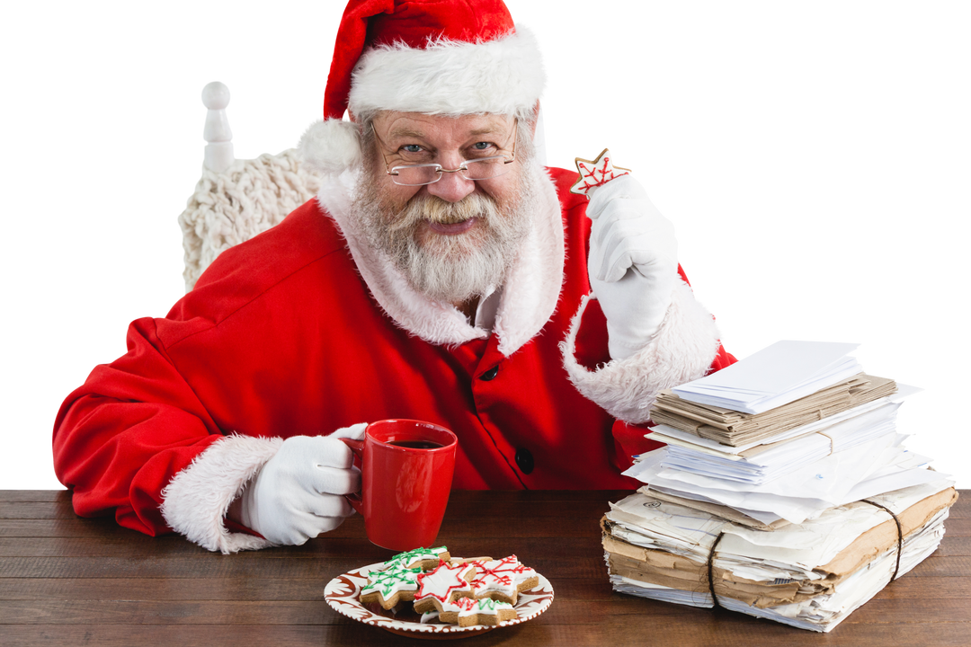 Transparent Santa Claus Sitting with Letters Having Christmas Coffee and Cookies - Download Free Stock Images Pikwizard.com