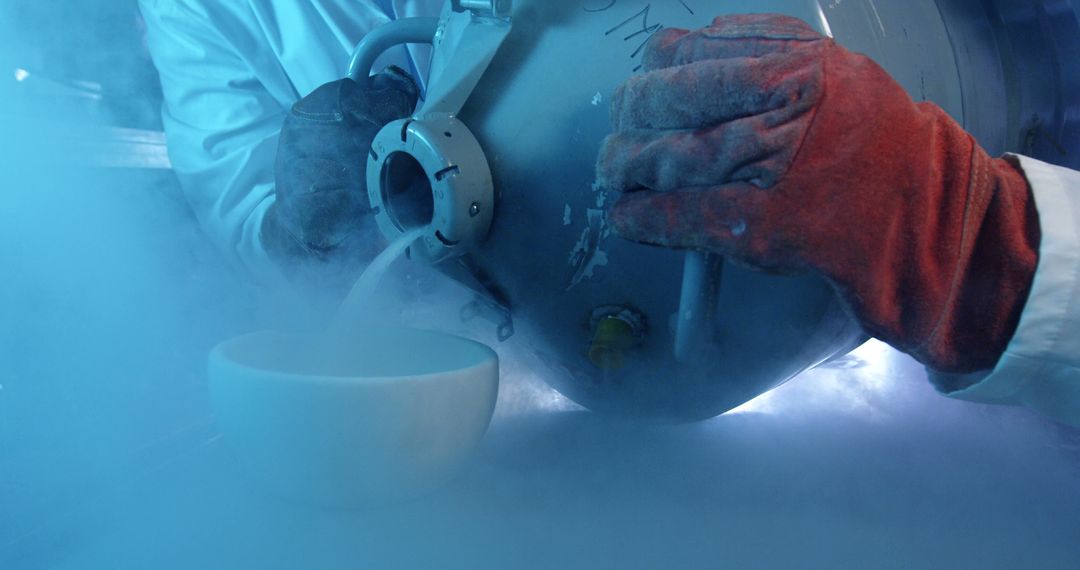 Scientist Handling Liquid Nitrogen Amidst Mist - Free Images, Stock Photos and Pictures on Pikwizard.com