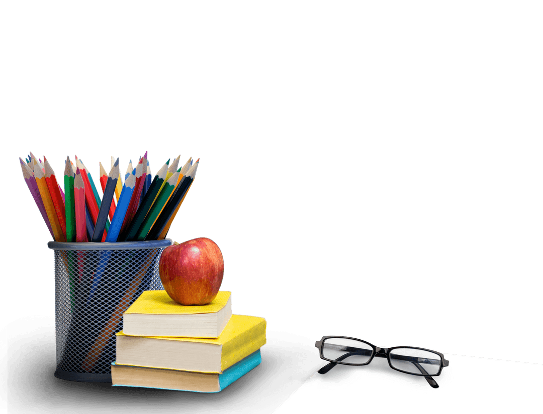 Transparent Background Education Supplies with Colored Pencils and Apple